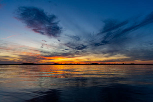 Dramatic summer sunset over Lake Mitkow in Poland. Evening landscape.