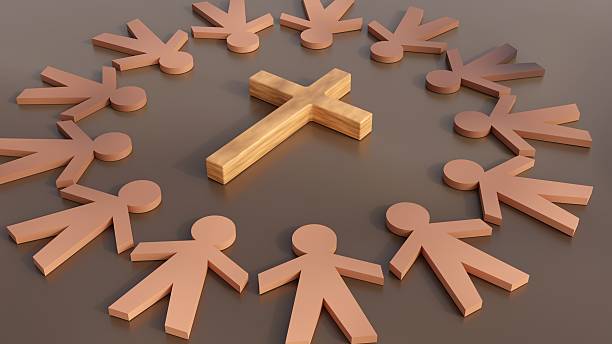 A 3d rendering of Christian cross is centered, surrounded by human figures arranged in a radial circle. This symbolizes a community united by faith.