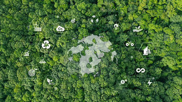 istock Global environment, ecology and sustainability concept with eco symbols representing renewable energy, recycling, carbon reduction and eco-friendly green business. High angle view of green background. 2247600131