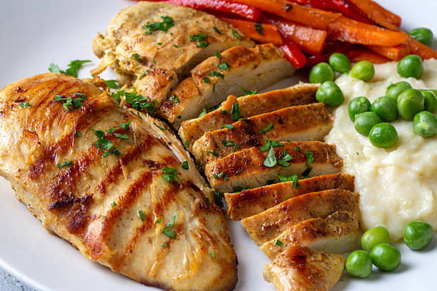 istock Grilled chicken breast slices served with mashed potatoes and vegetables. 2247602769