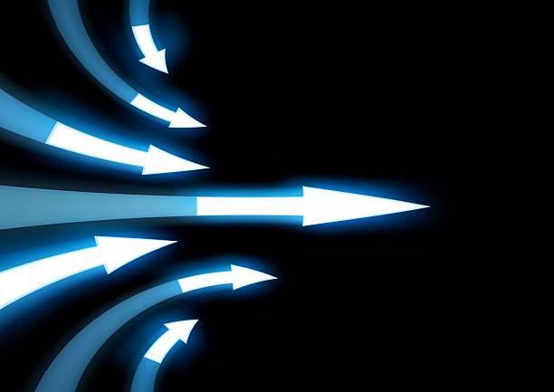 3d rendering of business growth and progress indicated by multiple blue light arrows
