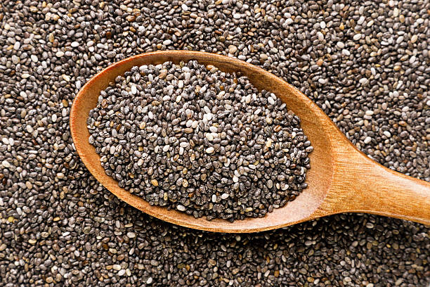 istock Chia seeds in a wooden spoon background. Top view 2247613178