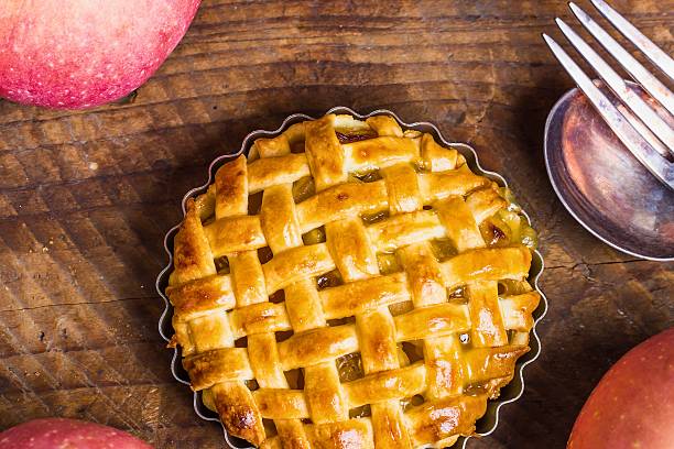 istock Delicious lattice top apple pie ready to serve on wooden table 2247613983