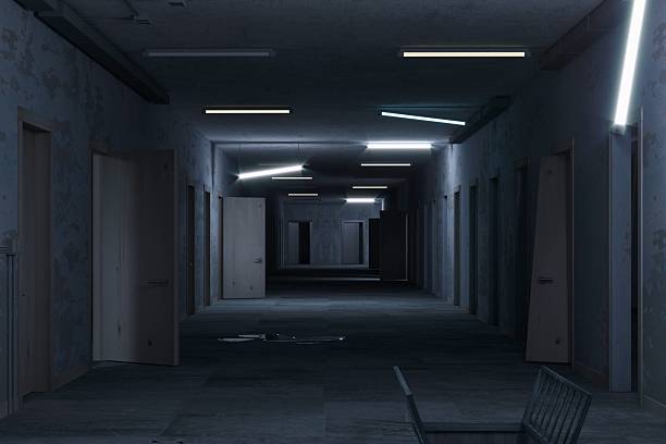 istock Dimly lit hallway with flickering lights and pink walls 2247616738