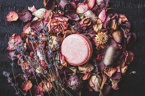 istock Pink color solid shampoo, conditioner bar on various dried flower petals, rose, lavender. Romantic vintage beauty set indoors, flat lay view. 2247617357