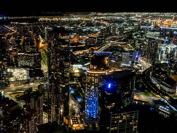 Melbourne, Australia - Sep 2, 2022: Elevated night view of Melbourne City from Melbourne Skydeck; Melbourne's highest observation platform.