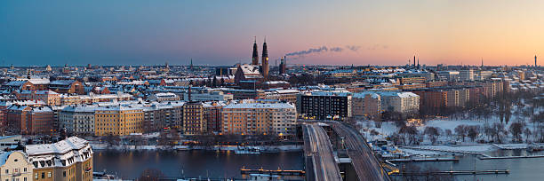 Panoramic view towards Hornstull in Södermalm, Stockholm, on a winter morning. In the center is Högalidskyrkan, completed in 1923.