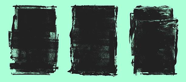 istock Linocut, relief printing, letterpress uneven rectangle A4 shapes rough grunge textures set, collection. Black textured abstract backgrounds, text frames. Paint roller geometric stains, lino ink grungy remains 2247624335