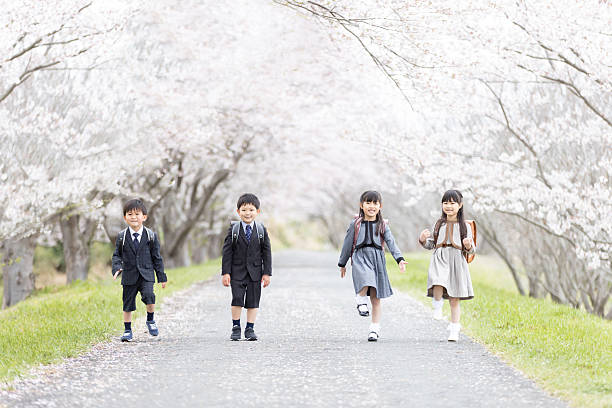 Asian boys and girls entering elementary school
