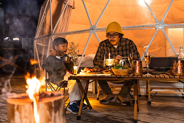 Family enjoying camping and glamping