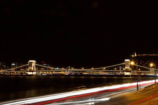 Budapest, Hungary, March 4, 2019: Chain Bridge Illuminated at Night