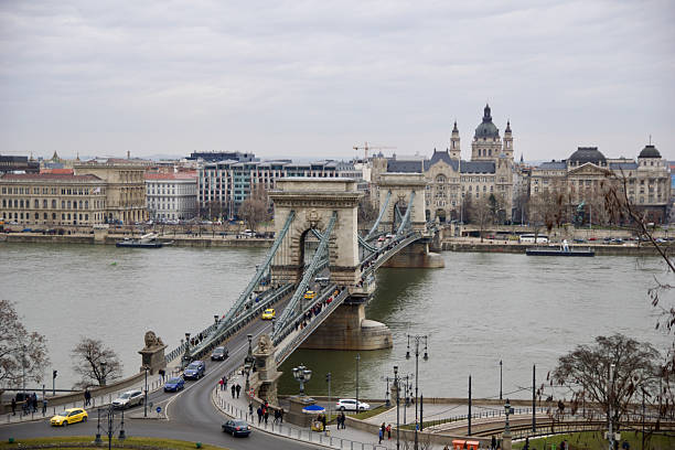 Budapest, Hungary, March 3, 2019: Szechenyi Chain Bridge over the Danube River