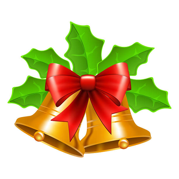 istock Christmas golden bell with fir branches, cone and gold bow ribbon isolated on white 2247642035
