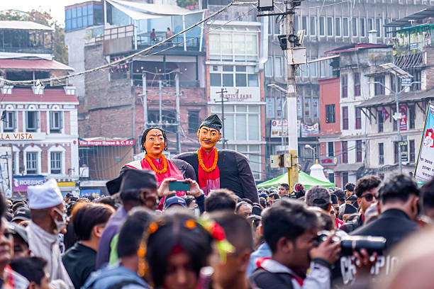 A group of Newar community members wearing traditional Newari attire rallies on the occasion of Nhu Daya Vintuna (New Year of Nepal Sambat 1146) in Kathmandu, Nepal, on October 22, 2025.