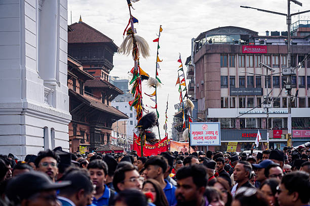 A group of Newar community members wearing traditional Newari attire rallies on the occasion of Nhu Daya Vintuna (New Year of Nepal Sambat 1146) in Kathmandu, Nepal, on October 22, 2025.