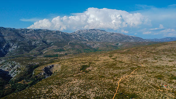 istock Vast arid scrubland extends toward a rugged mountain range capped by a dramatic, towering cumulus cloud under a deep blue sky. 2247654320