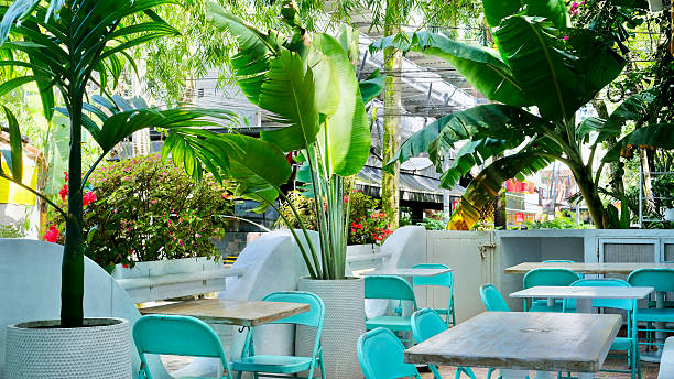 Terrace in El Poblado district, Medellin, Colombia with no people.