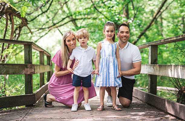 istock Father and mother with the son and daughters having fun outside in forest 2247658729
