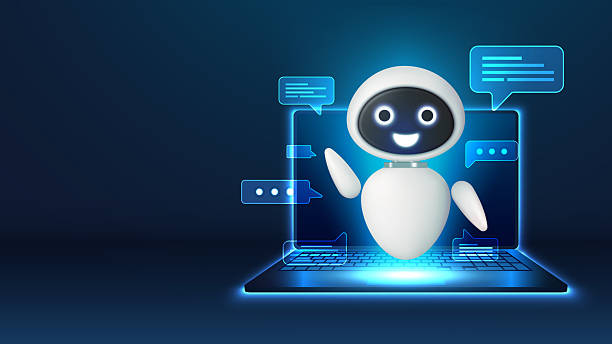 istock 3D robot with a message bubble and a laptop on a futuristic background. AI assistant technology. Artificial Intelligence concept. Chatbot technology and support assistance. Vector illustration. 2247659356