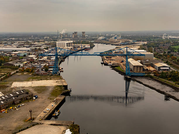 An aerial view of the iconic Transporter Bridge in Middlesbrough, UK