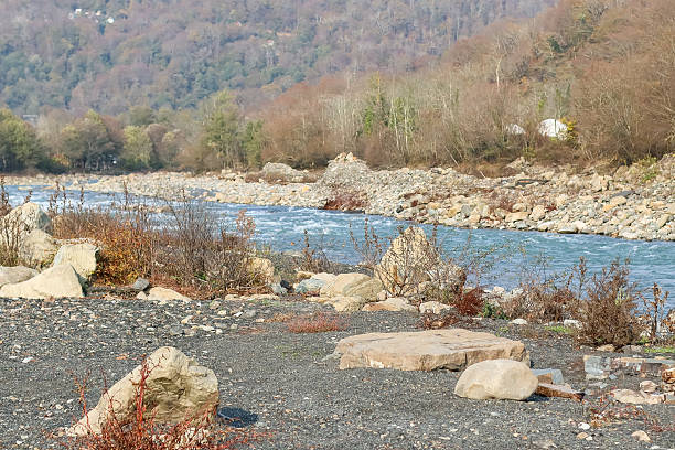 A tranquil autumn river winds through a rugged landscape of gray gravel shores lined with smooth boulders and sparse vegetation, flanked by golden-brown forested hills under a clear sky, evoking natural serenity.