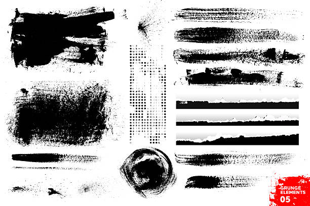 A comprehensive set of high-resolution vector grunge design elements, isolated on a white background. This collection features various authentic black ink and paint textures, including large distressed texture blocks, multiple rough horizontal brush strokes, a circular dry-brush element, paint spray, and unique design elements such as a vertical halftone dot pattern and horizontal ripped paper edge strips. Each element is organized into separate layers and groups for maximum user convenience, easy editing, scaling, and color modification. These versatile elements are perfect for adding a raw, artistic, urban, or distressed aesthetic to design projects. Ideal for creating custom backgrounds, borders, masks, overlays, text frames, or adding vintage and weathered effects to posters, web design, flyers, and digital artwork.