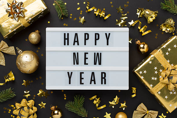 istock Happy New Year with decor on color background, top view 2247685206