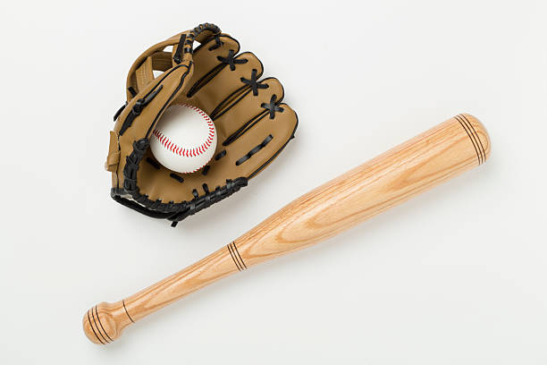 istock Baseball glove and bat with ball on color background, top view 2247685315