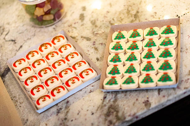 two cookie boxes ready for gifting, neat rows of decorated cookies inside, ribbon and labels primed