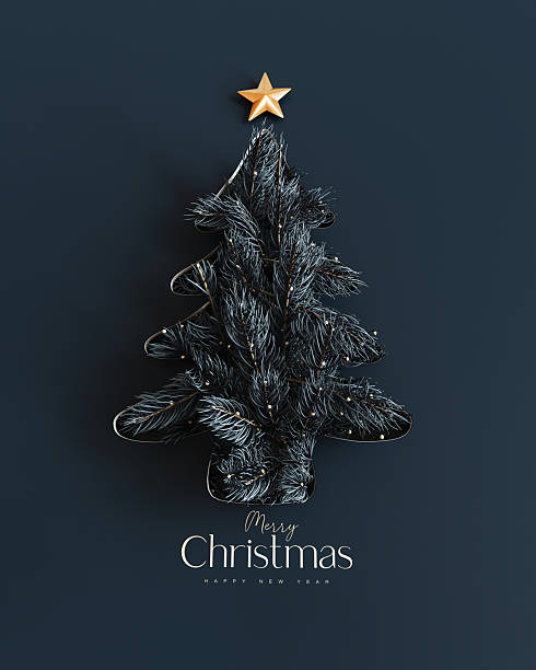 istock Blue paper cutout Christmas tree with fir tree on dark blue background. Christmas greeting card design with text. 2247686838