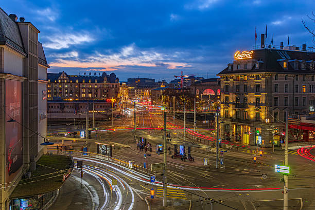 Night and downtown in Saarbrücken Saarland Germany Europe with busy street at 2016.01.10