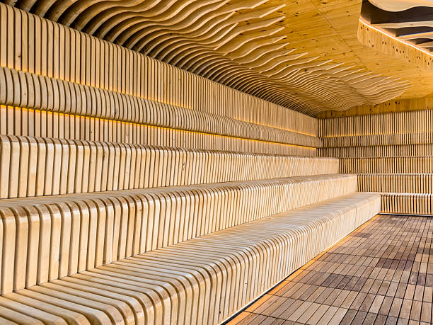 istock Wooden benches in modern sauna. Geometric style. 2247687973