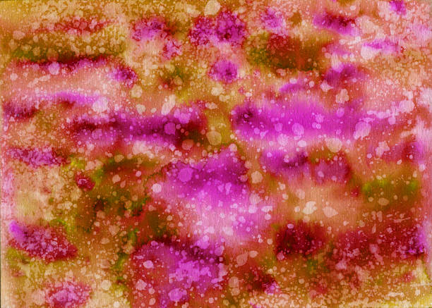 This is an abstract background or texture watercolor painted background on paper. There are patches of a bright magenta pink and a rust brown. The colors blend and bleed into each other. The whole painting is speckled from small water splashes. Horizontal format.