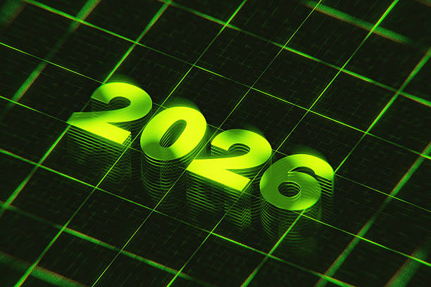 istock Bright green, bold 3D text 2026 on a futuristic dark grid or digital screen background with a retro CRT effect. Concept for technology, virtual reality, future predictions, and the New Year. 2247691944