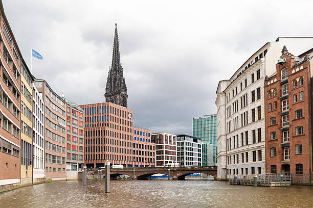 Dramatic cloudscape over the financial district of Hamburg.