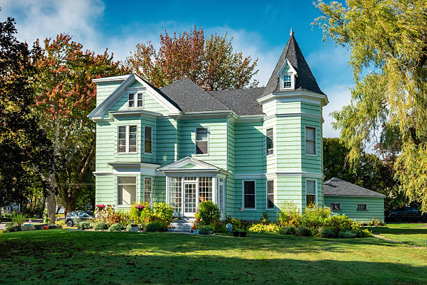A large house in Rockland, Maine, USA, on a sunny day.