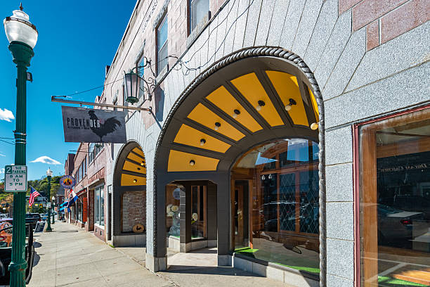 Businesses in downtown Ellsworth, Maine, USA, on a sunny day.