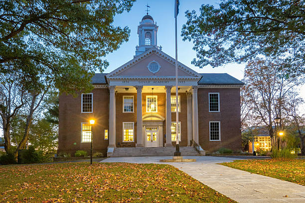 The historic Hanscom Hall on the Gould Academy campus (private high school) in Bethel, Maine, USA, at night.