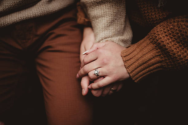 istock Couple holding hands with engagement diamond ring 2247704153
