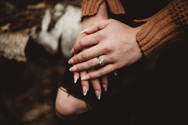 istock Engaged couple with hands on top of each other and diamond ring 2247704154