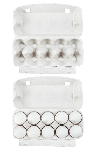Isolated photo of opened cardboard egg container upper view on white background.