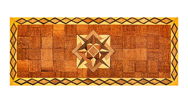Isolated photo of oak wood veneer ornate ethnic tile panel on white background. Baroque style furniture pattern.