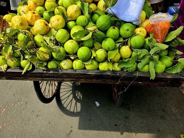 istock Fresh Green and Yellow Guavas with Leaves on Display 2247722941