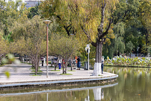 Warsaw, Poland - 8th of October, 2025: Autumn lake in royal park Wilanow in Warsaw, Poland in October sunny morning. Old art sculpture by the water and couple of swans.