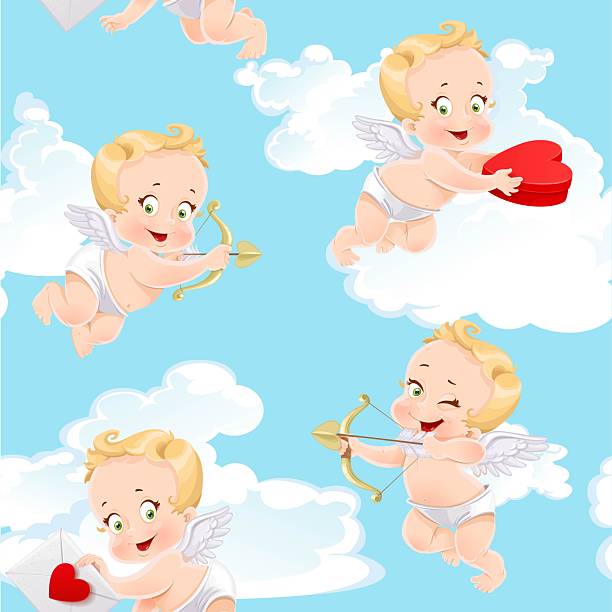 istock Cute little cupids with gifts in hands and shoots a bow on blue sky with clouds seamless pattern 2247739525