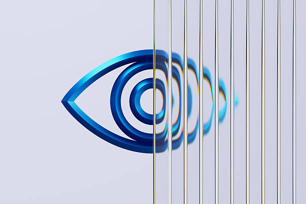 A blue, eye-shaped abstract graphic of concentric rings fading into the distance, creating depth and motion. Reflections behind vertical glass bars evoke surveillance, focus, and perception in a modern design.