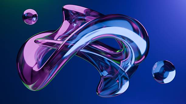 Fluid liquid blue glass shapes and spheres abstract background. 3d illustration contemporary art