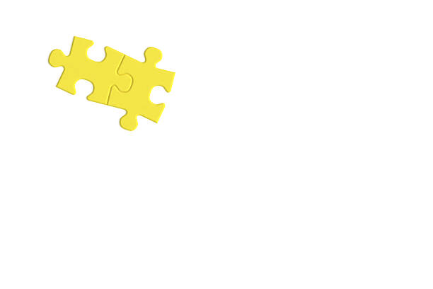 A set of yellow puzzle pieces placed diagonally on a white background. The minimalistic arrangement symbolizes connection, problem-solving, and creativity. 3D rendered image.