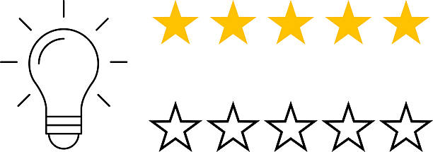 istock 5 star rating and glowing bulb emphasizing ideas, reviews, feedback, innovation, goals. Creativity, teamwork, quality improvement evaluation user experience illustration 2247750346