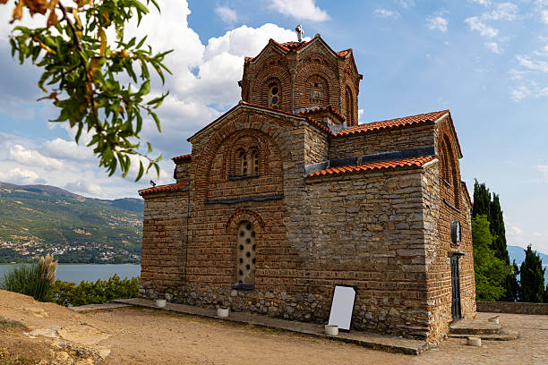 View of Church of Saint John at Kaneo and Lake Ohrid in city of Ohrid, North Macedonia